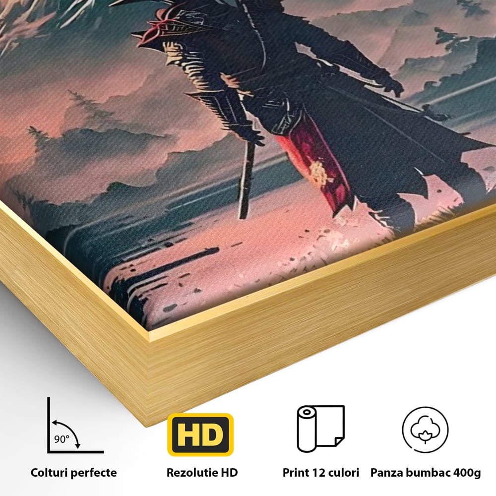 Detaliu al suprafetei: samurai cu sabie pe malul lacului, in rama de aluminiu auriu
